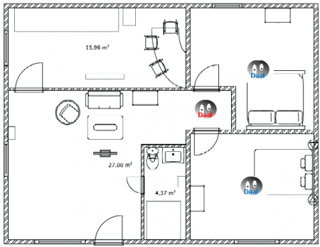 Cas classique F 3 avec  ou sans couloir principal qui dessert les chambre.  Le positionnement du détecteur est dans le couloir ou la partie qui dessert les chambres.